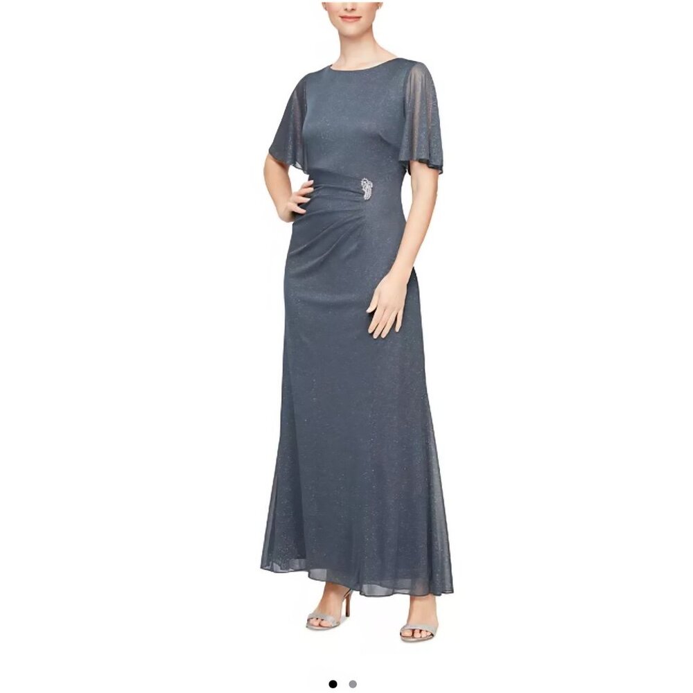 SLNY Smoke Gray Short Sleeve Gown With Glitter Draped Details & Brooch Accent Si
